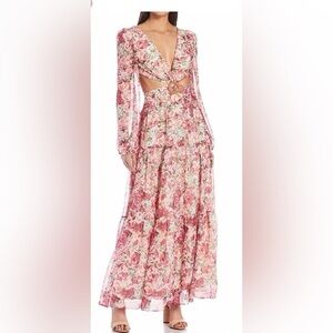 Gianni Bini Lillian Pink White Floral Plunge Cut Out Maxi Dress - Size 6
